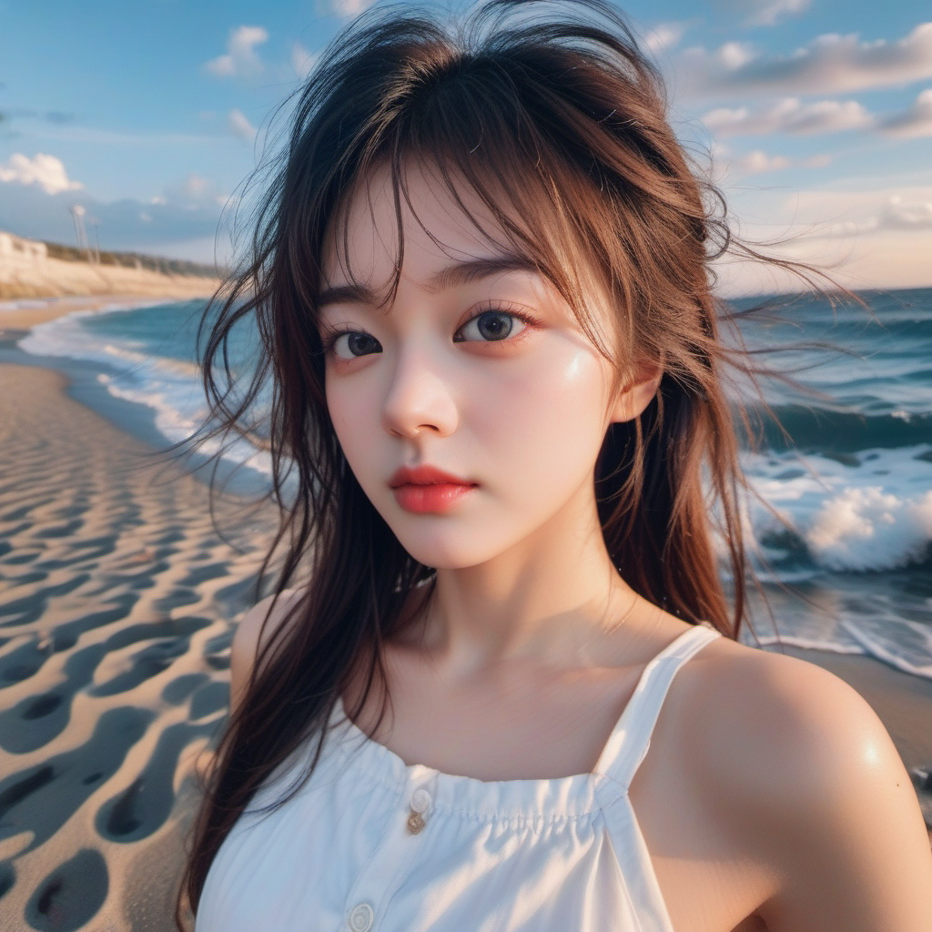 01759-2443150395-xcmt girl, asian girl, _wearing dress, a woman takes a fisheye selfie on a beach at sunset, the wind blowing through her messy h.png